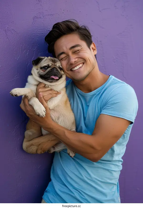 Asian man smiling with his pug