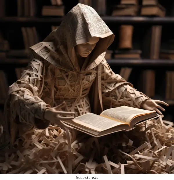 A person wearing a robe made of newspapers is sitting on a pile of shredded paper and reading a book.