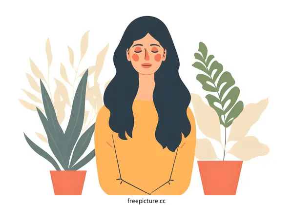 Woman with closed eyes and plants around