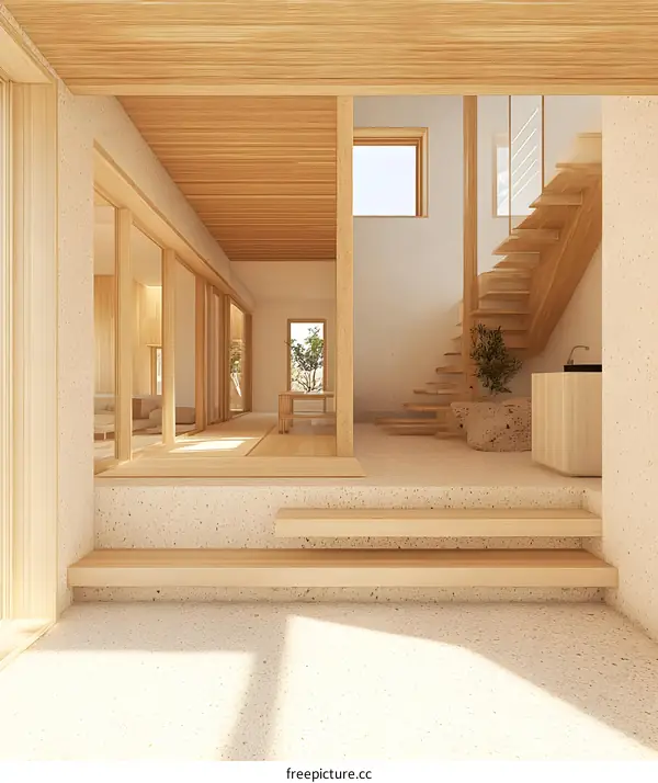 Modern Minimalist Interior Design with Wooden Stairs and Natural Light