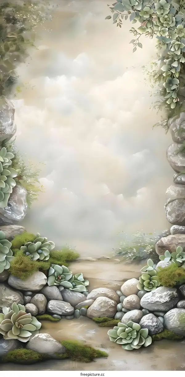 Stone Pathway with Green Succulents and a Cloudy Sky