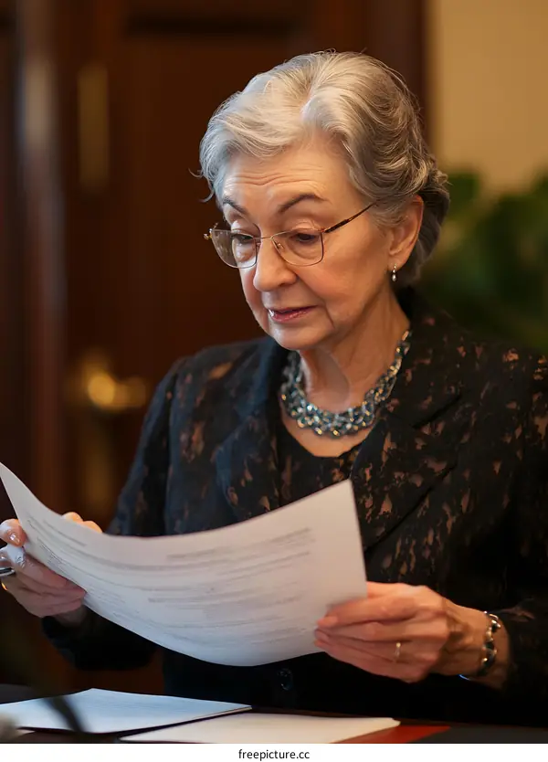 Woman In Black Lace Blouse Reads Paper