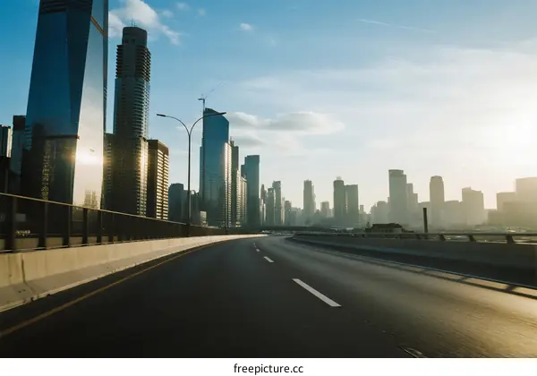 Sunlit urban road with modern skyscrapers in the background