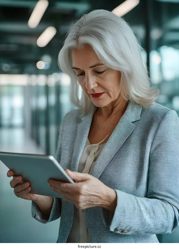 Portrait of a Senior Woman Using a Tablet in an Office Setting