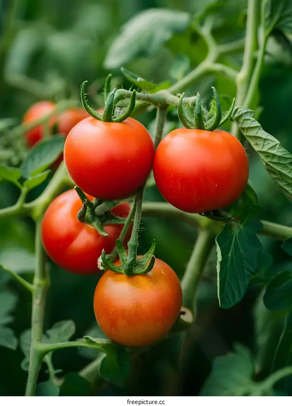 Four ripe red tomatoes hanging on the vine