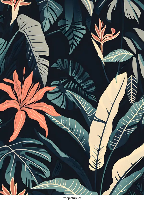 Tropical Leaves and Flowers Seamless Pattern