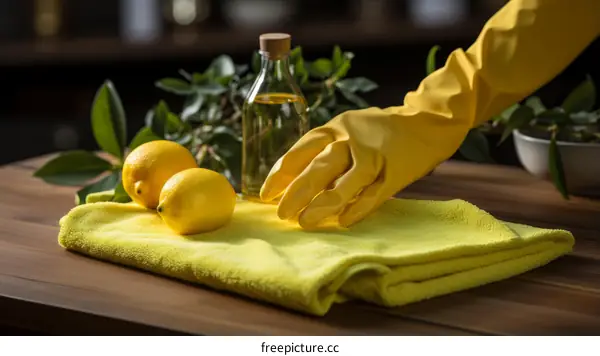 A person wearing a yellow glove is cleaning a table with a cloth and lemon.