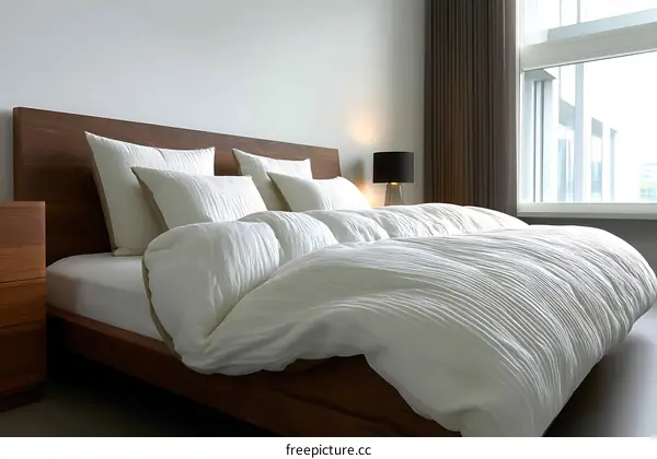 Modern Wooden Bed with White Bedding