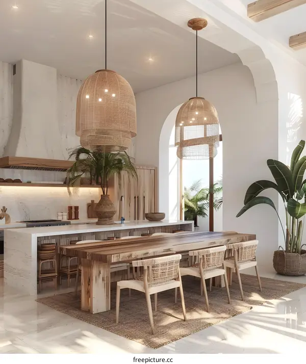 Modern Kitchen Interior Design with Wooden Table and Wicker Chairs