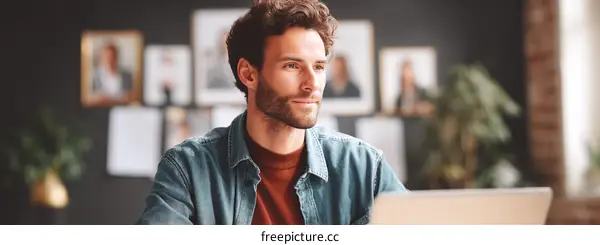 Focused Caucasian Man Working on Laptop in Creative Office
