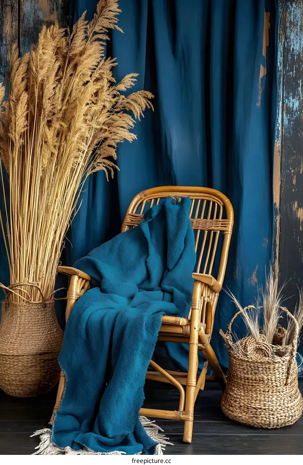 Blue Blanket on Wicker Chair Against Blue Background