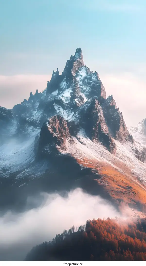 Snowy Mountain Peak with Fog and Trees