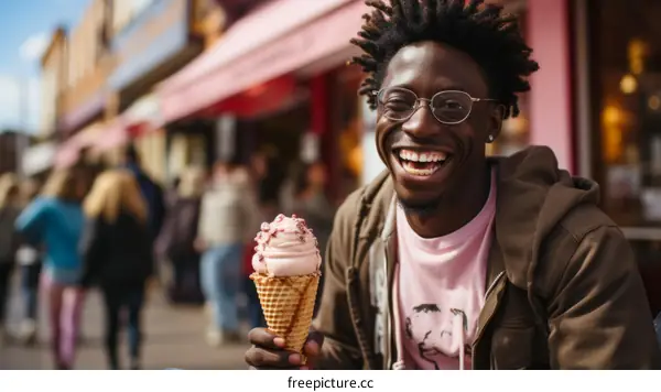 A young African-American man is eating an ice cream cone and smiling.