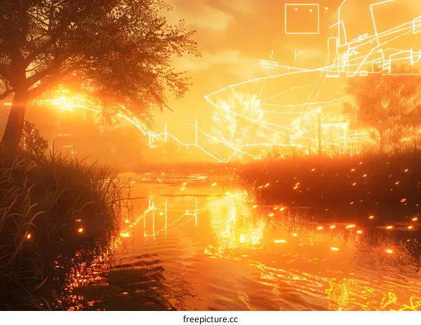 Tranquil setting of a rural river with glowing elements