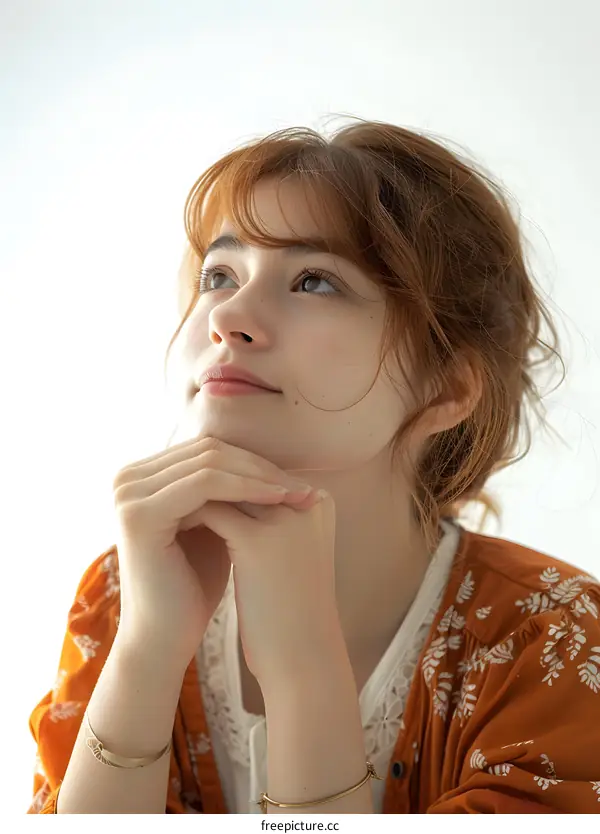 Young Woman with Brown Hair Looking Upwards