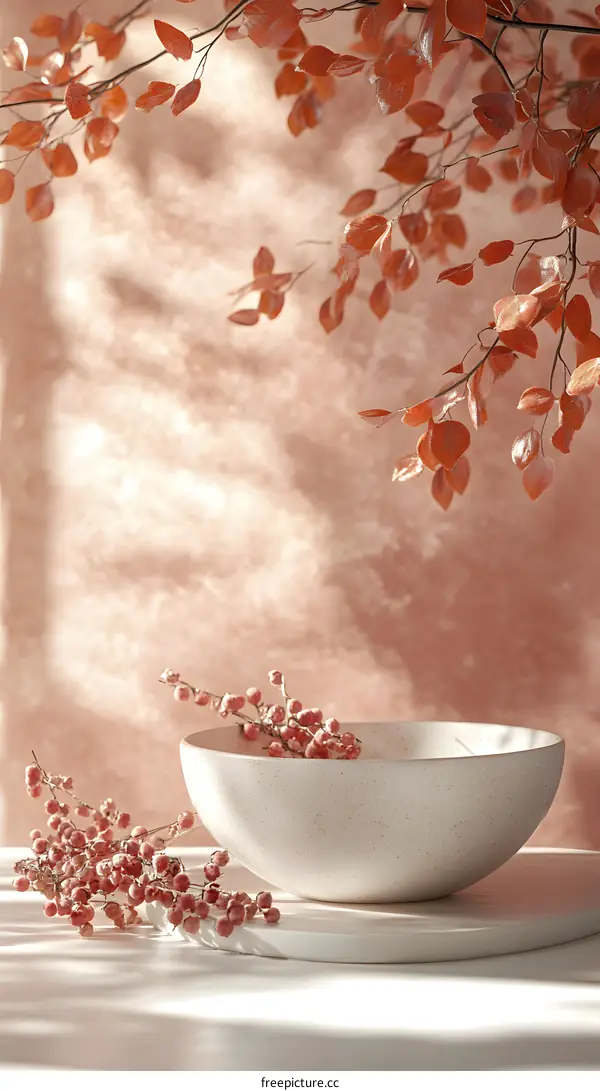 White Bowl and Red Berries with Pink Background