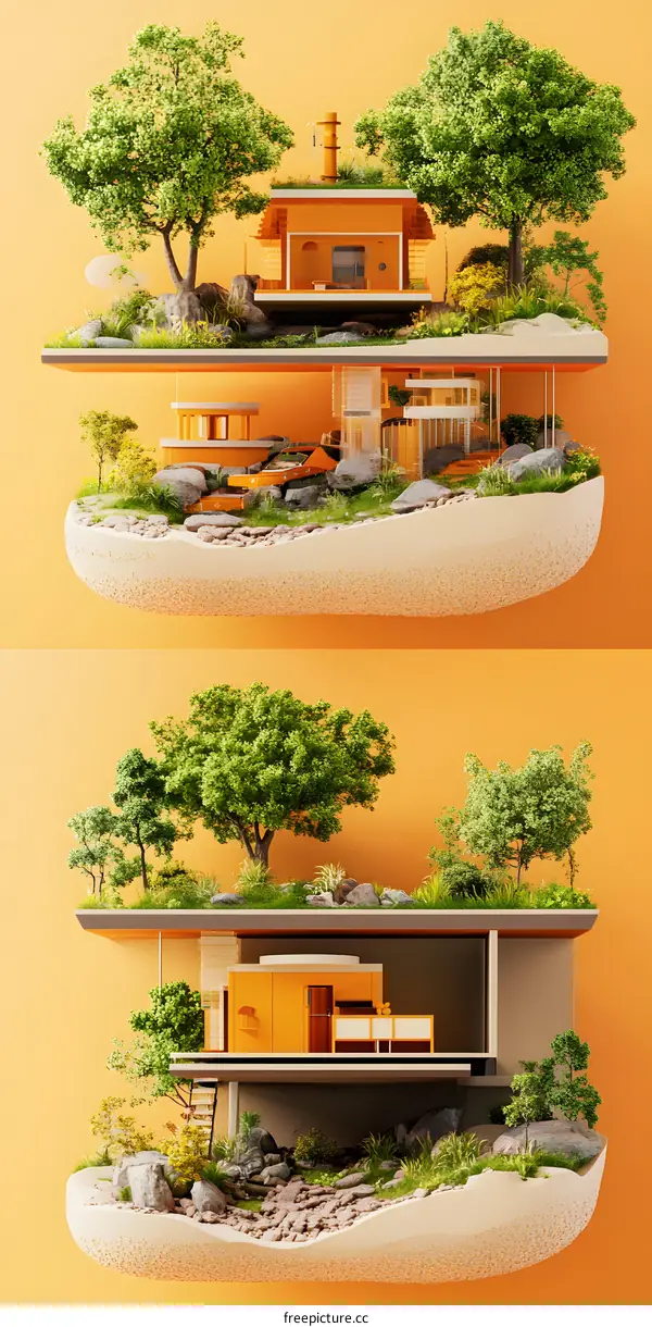 Modern Architecture Cross Section  With  Green  Roof and  Landscaping