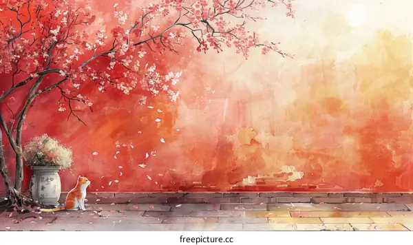 red wall with pink peach blossom tree and white cat