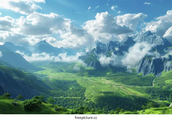 Majestic Mountain Valley Landscape Illustration