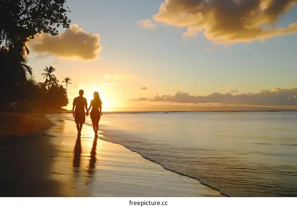 Silhouettes of Couple Walking on Beach at Sunset