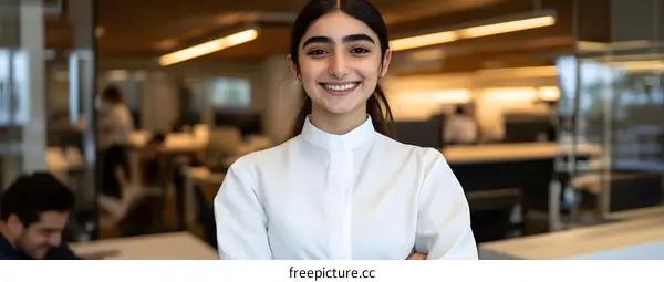 Smiling Businesswoman Standing In Modern Office