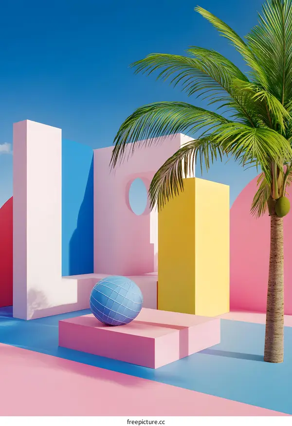 Abstract Summer Scene with Palm Tree and Geometric Shapes