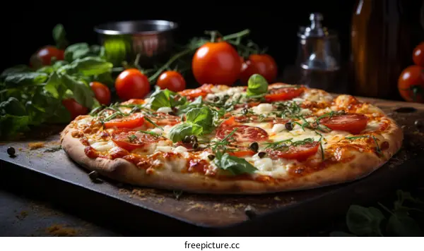 A delicious pizza with fresh tomatoes, basil, and mozzarella cheese