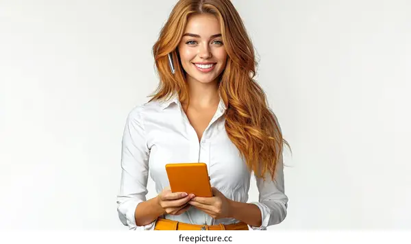 Smiling Woman Holding Tablet in Studio Portrait