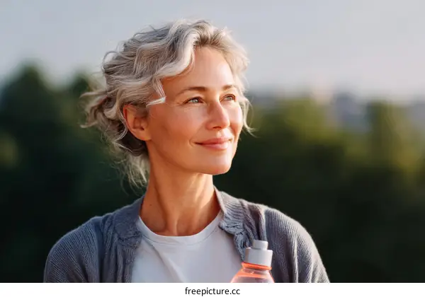 Thoughtful Caucasian Woman Outdoors with Water Bottle