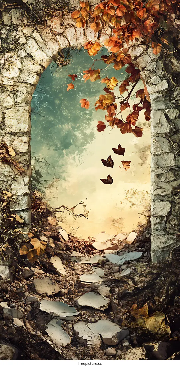 Stone Archway With Butterflies And Autumn Leaves