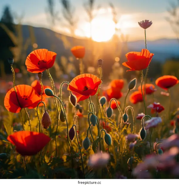 Field of red poppies at sunset