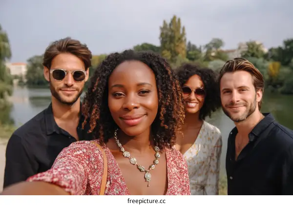 Happy Friends Taking a Selfie by the Lake