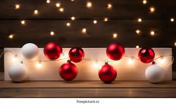 Red and white Christmas ornaments with lights