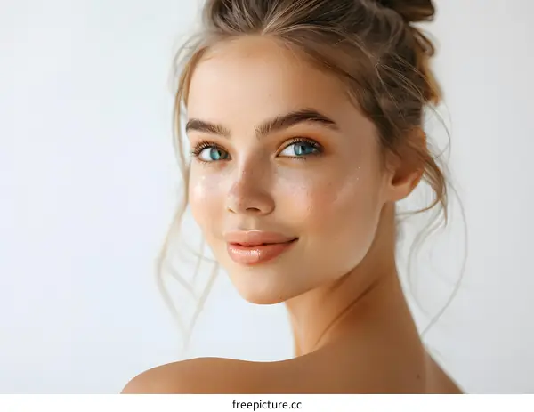 portrait of a beautiful young woman with freckles and blue eyes