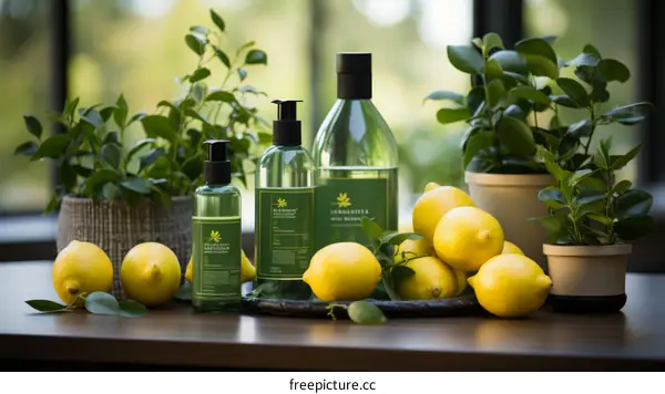 Natural cleaning products with fresh lemons on a wooden table