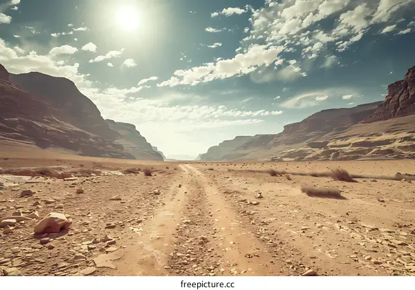 Desert Landscape With A Dirt Road Leading To The Horizon