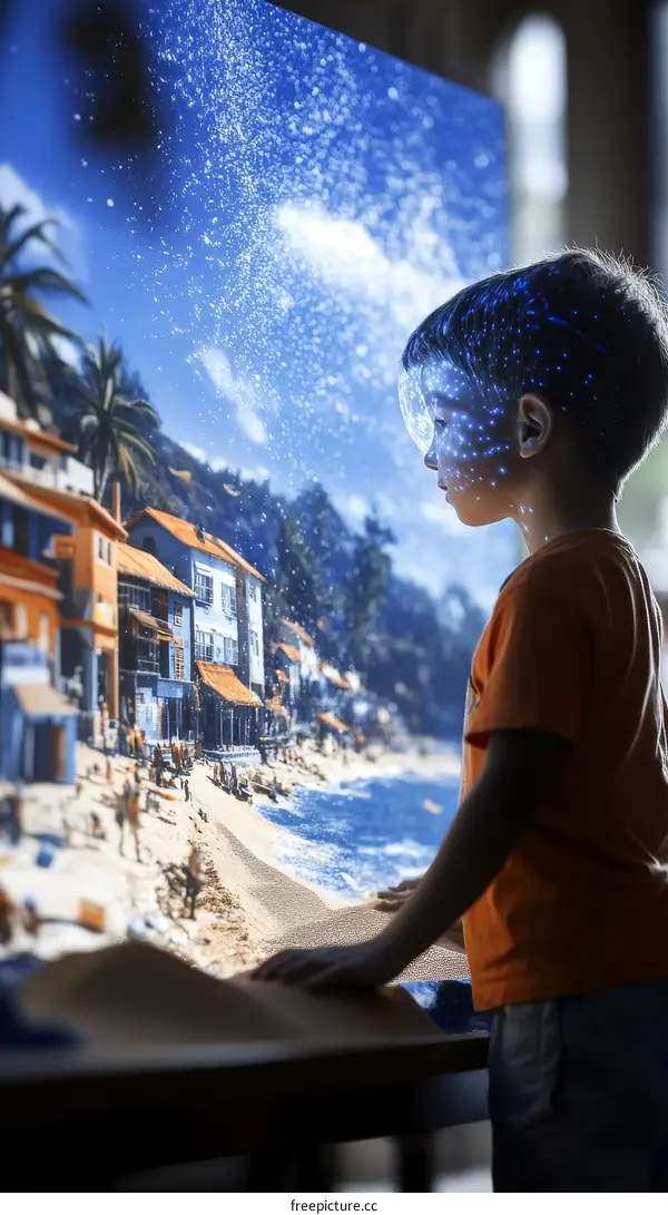 Child Interacting with Digital Projection of Coastal Town