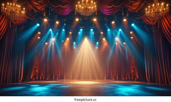 Empty stage with red curtains and bright spotlights