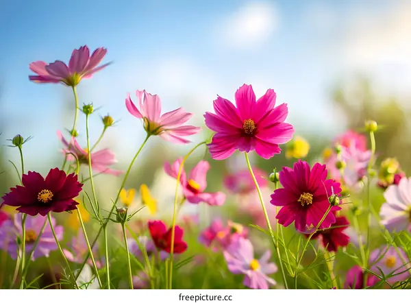 Beautiful Pink and Purple Cosmos Flowers Field