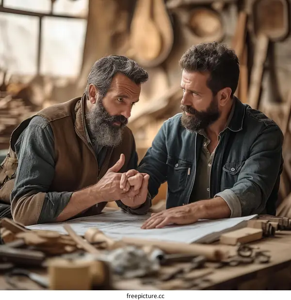 Two carpenters discussing a project in a wood shop