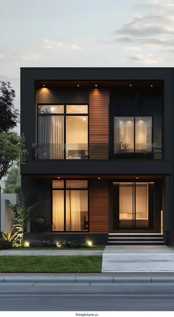 Modern Black House with Wooden Accents