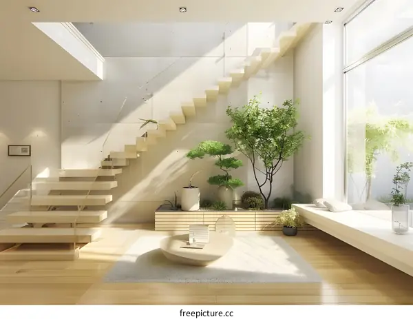 Modern Interior Design With Wooden Stairs And Plants