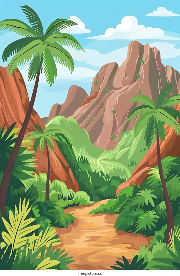Tropical Rainforest Path with Palm Trees and Mountains