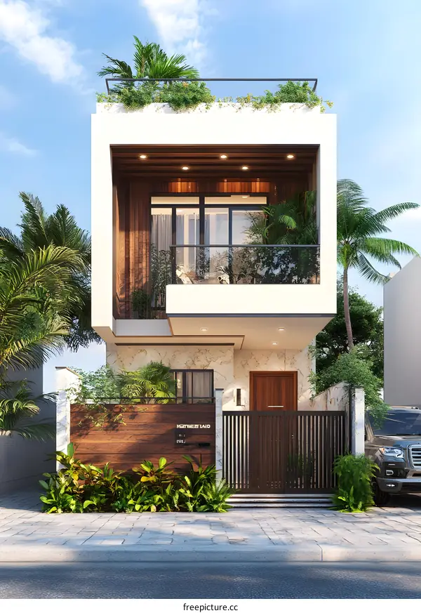 Modern House Design with Balcony and Green Roof