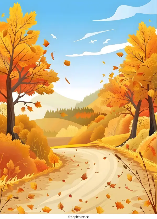 Autumn Landscape with Winding Road and Falling Leaves