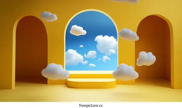 Abstract Yellow Archway with Floating Clouds