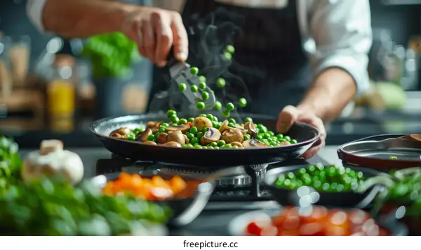 Chef is cooking delicious food in a frying pan
