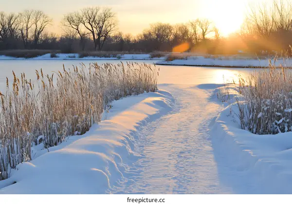 Snowy Path Leading to Frozen Lake at Sunset