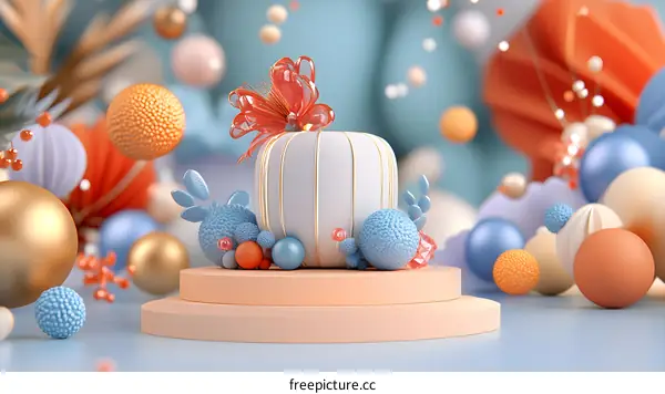 3D Rendered Abstract Background with Gift Box and Colorful Balls