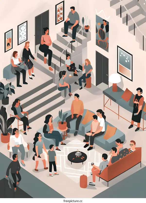 Group of People Gathering in a Modern Building Illustration